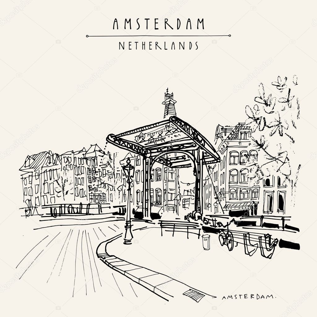 Amsterdam, Holland, Netherlands Europe. Bridge in old town. Dutch traditional historical buildings. Hand drawing. Travel sketch. Book illustration, postcard or poster in vector
