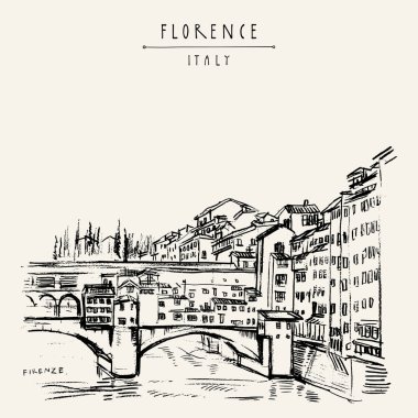 Floransa, İtalya, Avrupa'nın Ponte Vecchio Köprüsü. Vintage seyahat kroki. Retro tarzı turistik kartpostal, poster şablonu veya kitap illüstrasyon vektör