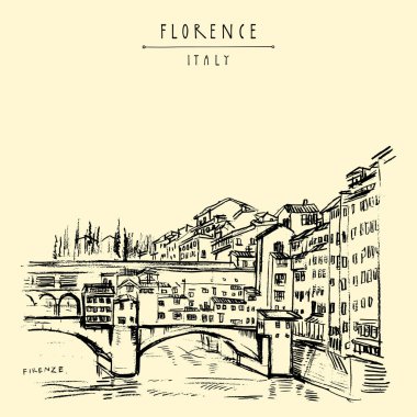 Floransa, İtalya, Avrupa'nın Ponte Vecchio Köprüsü. Vintage seyahat kroki. Retro tarzı turistik kartpostal, poster şablonu veya kitap illüstrasyon vektör