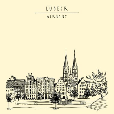 Hansa kenti Lübeck, Almanya, Avrupa'nın. Riverside. Tarihi binaları, ağaçlar, nehir Trave. El çizimi. Seyahat kroki. Vintage turistik kartpostal, poster ya da kitap illüstrasyon. Vektör sanat