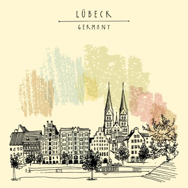 Hansa kenti Lübeck, Almanya, Avrupa'nın. Riverside. Tarihi binaları, ağaçlar, nehir Trave. El çizimi. Seyahat kroki. Vintage turistik kartpostal, poster ya da kitap illüstrasyon. Vektör sanat
