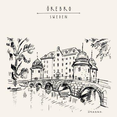Örebro, İsveç, Scandinavia, Avrupa'nın Oerbro Castle. Eski şehir seyahat kroki. Vintage turistik kartpostal, poster ya da kitap illüstrasyon vektör