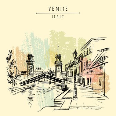Venedik, İtalya, Avrupa. Venedik Arsenal (Arsenale di Venezia). Deniz Arsenal girişi. Porta di Terra saat kuleleri, Rio de l'Arsenale Kanal Köprüsü. Seyahat kroki. Vektör el çekilmiş kartpostal