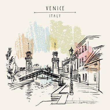 Venedik, İtalya, Avrupa. Venedik Arsenal (Arsenale di Venezia). Deniz Arsenal girişi. Porta di Terra saat kuleleri, Rio de l'Arsenale Kanal Köprüsü. Seyahat kroki. Vektör el çekilmiş kartpostal