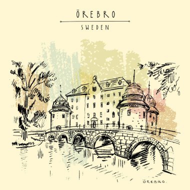 Örebro, İsveç, Scandinavia, Avrupa'nın Oerbro Castle. Eski şehir seyahat kroki. Vintage turistik kartpostal, poster ya da kitap illüstrasyon vektör