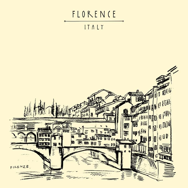 Floransa, İtalya, Avrupa'nın Ponte Vecchio Köprüsü. Vintage seyahat kroki. Retro tarzı turistik kartpostal, poster şablonu veya kitap illüstrasyon vektör