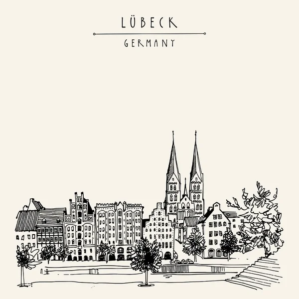 Hanzestad Lübeck Duitsland Europa Riverside Historische Gebouwen Bomen Rivier Trave — Stockvector