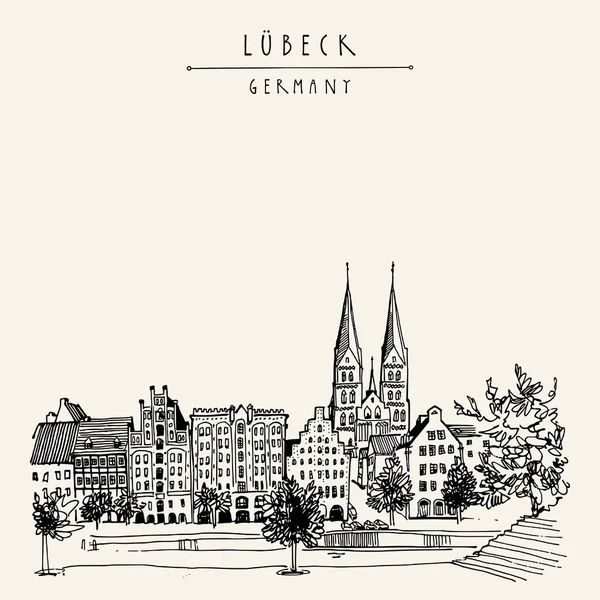 Hanza Város Lübeck Németország Európa Riverside Történelmi Épületek Fák Folyón — Stock Vector