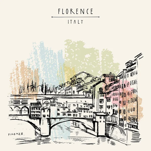 Floransa, İtalya, Avrupa'nın Ponte Vecchio Köprüsü. Vintage seyahat kroki. Retro tarzı turistik kartpostal, poster şablonu veya kitap illüstrasyon vektör
