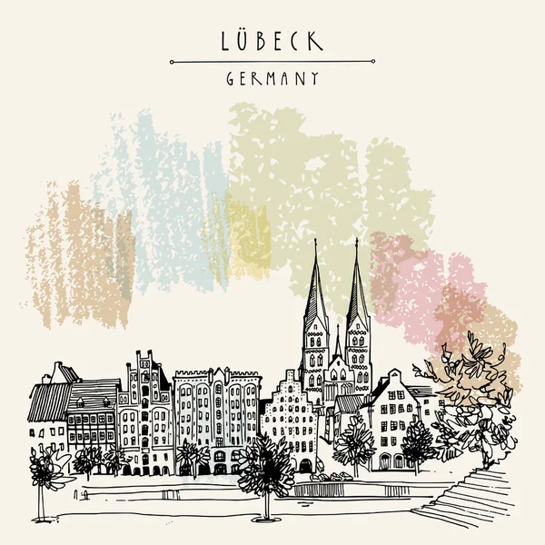 Hansa Kenti Lübeck Almanya Avrupa Nın Riverside Tarihi Binaları Ağaçlar — Stok Vektör