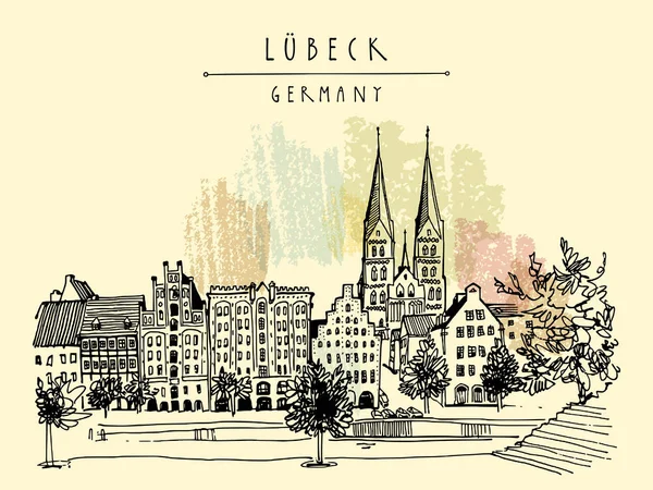 Hanza Város Lübeck Németország Európa Riverside Történelmi Épületek Fák Folyón — Stock Vector