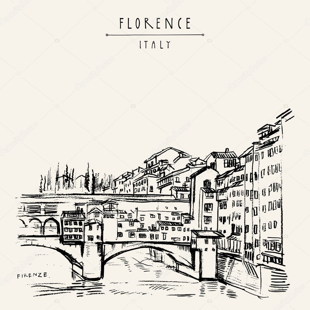 Ponte Vecchio bridge in Florence, Italy, Europe. Vintage travel sketch. Retro style touristic postcard, poster template or book illustration in vector