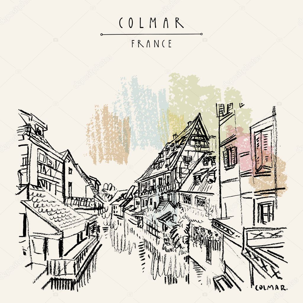 Colmar, France. Old historic houses and water. Romantic Little Venice (Petite Venise). Hand drawing. Travel sketch. Vintage vector hand drawn touristic postcard, poster, book illustration