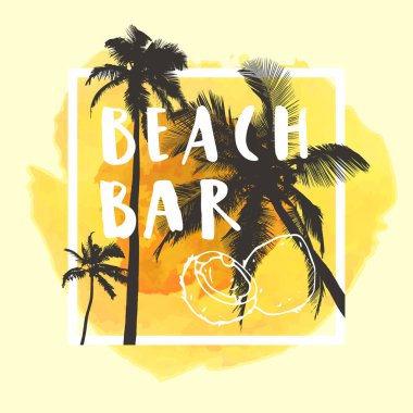 Beach Bar modern hat işareti el ile Hindistan cevizi çekilmiş. Restoran tasarımı düz palmiye ağaçları ile parlak renkli sulu boya zemin üzerine yaz. Canlı neşeli iyimser yaz tasarım. Vektör