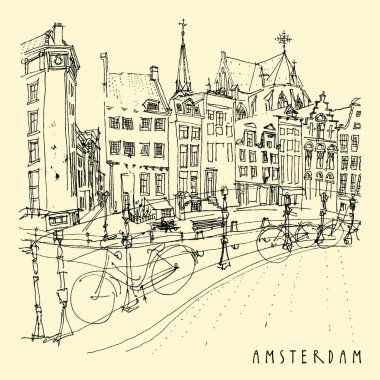 Amsterdam, Hollanda, Hollanda Europe Bridge'de. Hollandalı geleneksel tarihi binalar. Tipik Hollanda evleri ve bisikletler. El çizimi. Seyahat kroki. Kitap Illustration, kartpostal, vektör poster