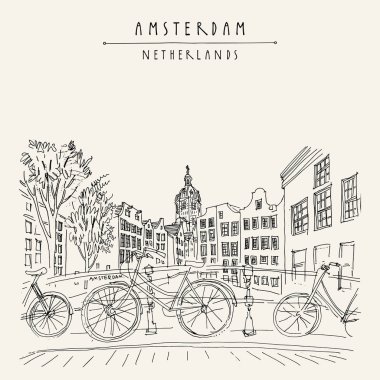 Amsterdam, Hollanda, Hollanda Europe Bridge'de. Hollandalı geleneksel tarihi binalar. Tipik Hollanda evleri ve bisikletler. El çizimi. Seyahat kroki. Kitap Illustration, kartpostal, vektör poster
