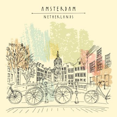 Amsterdam, Hollanda, Hollanda Europe Bridge'de. Hollandalı geleneksel tarihi binalar. Tipik Hollanda evleri ve bisikletler. El çizimi. Seyahat kroki. Kitap Illustration, kartpostal, vektör poster