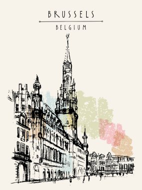 Brussels, Belçika. Grand Place illüstrasyon çizim sanatsal. Seyahat kroki. Vintage el çekilmiş seyahat kartpostal, poster şablonu veya kitap illüstrasyon vektör
