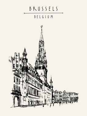 Brussels, Belçika. Grand Place illüstrasyon çizim sanatsal. Seyahat kroki. Vintage el çekilmiş seyahat kartpostal, poster şablonu veya kitap illüstrasyon vektör