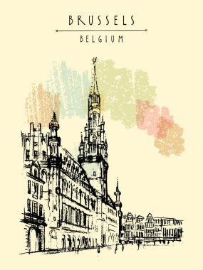 Brussels, Belçika. Grand Place illüstrasyon çizim sanatsal. Seyahat kroki. Vintage el çekilmiş seyahat kartpostal, poster şablonu veya kitap illüstrasyon vektör