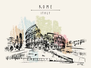 Kolezyum, Coliseum veya Flavian amfi - Roma, İtalya, Avrupa'nın amfi. Vintage seyahat kroki. Retro tarzı turistik kartpostal, poster şablonu veya kitap illüstrasyon vektör