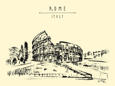 Kolezyum, Coliseum veya Flavian amfi - Roma, İtalya, Avrupa'nın amfi. Vintage seyahat kroki. Retro tarzı turistik kartpostal, poster şablonu veya kitap illüstrasyon vektör