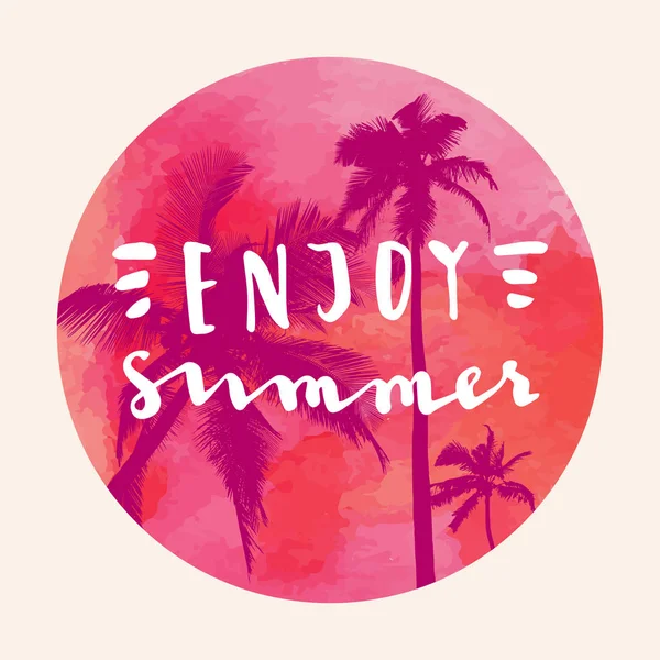 Enjoy Summer Modern Calligraphic Shirt Design Flat Palm Trees Red — Stock Vector