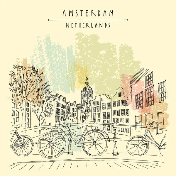 在阿姆斯特丹 荷兰欧洲的桥梁 荷兰传统的历史建筑 典型的荷兰房子和自行车 旅行素描 书例证 明信片 海报在媒介 — 图库矢量图片