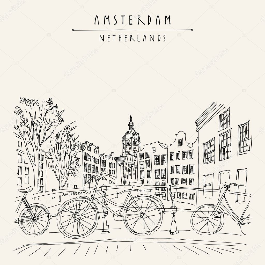 Bridge in Amsterdam, Holland, Netherlands Europe. Dutch traditional historical buildings. Typical Dutch houses and bicycles. Hand drawing. Travel sketch. Book illustration, postcard, poster in vector