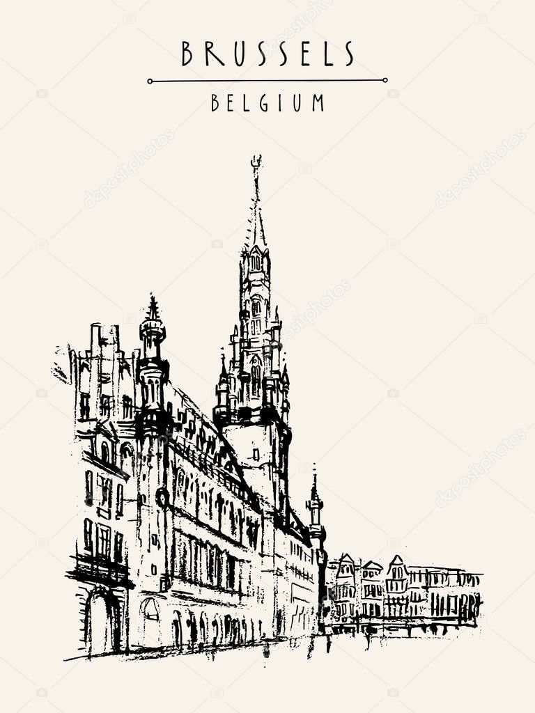 Brussels, Belgium. Grand Place artistic drawing illustration. Travel sketch. Vintage hand drawn travel postcard, poster template or book illustration in vector