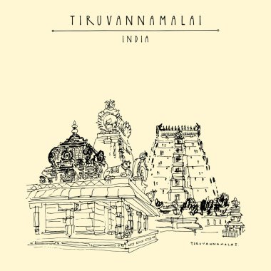 Tiruvannamalai, Tamil Nadu, Hindistan. Hindu tapınağı, gopurams, kutsal inek heykeli. Achitectural el çizimi. Seyahat kroki. Vintage el çekilmiş kartpostal veya poster. Vektör çizim