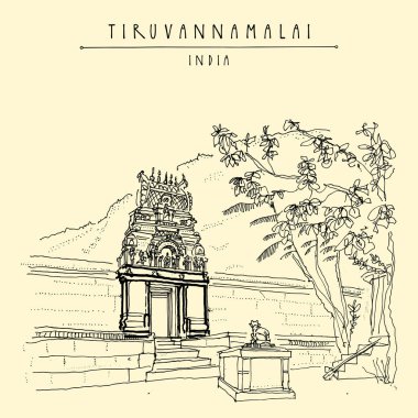 Tiruvannamalai, Tamil Nadu, Hindistan. Arunachala kutsal dağ, küçük Hindu Tapınağı ve Kutsal inek heykeli, adımları ve ağaçlar. Achitectural çizim. Seyahat kroki. Vintage handdrawn kartpostal, poster. Vektör çizim