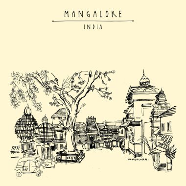Mangalore, Karnataka, Hindistan. Temple square. Hindu tapınakları ve tatil carscars. Rikshaw standı. ağaçlar. Seyahat kroki. Vintage el çekilmiş kartpostal şablonu. Vektör çizim