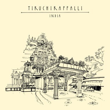 Tiruchirappalli (Trichy), Tamil Nadu eyalet, Hindistan. Sri Rangam Tapınağı. Artistik çizim. Seyahat kroki. Vintage el çekilmiş kartpostal veya poster şablonu. Vektör çizim