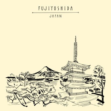 Fujiyoshida, Japonya, Asya. Fuji Dağı'nın görünümünden Chureito pagoda. Bahar sakura ağaçları kiraz çiçekleri ile. El çizimi. Seyahat kroki. Vintage turistik kartpostal, poster ya da kitap illüstrasyon vektör