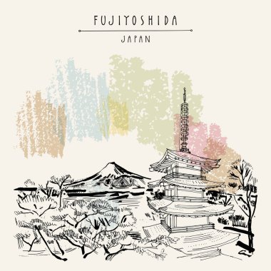 Fujiyoshida, Japonya, Asya. Fuji Dağı'nın görünümünden Chureito pagoda. Bahar sakura ağaçları kiraz çiçekleri ile. El çizimi. Seyahat kroki. Vintage turistik kartpostal, poster ya da kitap illüstrasyon vektör
