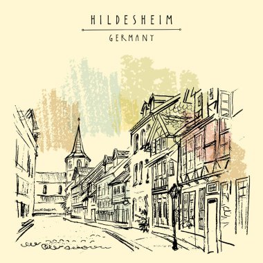 Hildesheim, Almanya, Avrupa. Eski Şehir caddede. Fachwerk (ahşap) evler ve kilise kroki seyahat. Vintage el çekilmiş kartpostal. Vektör çizim