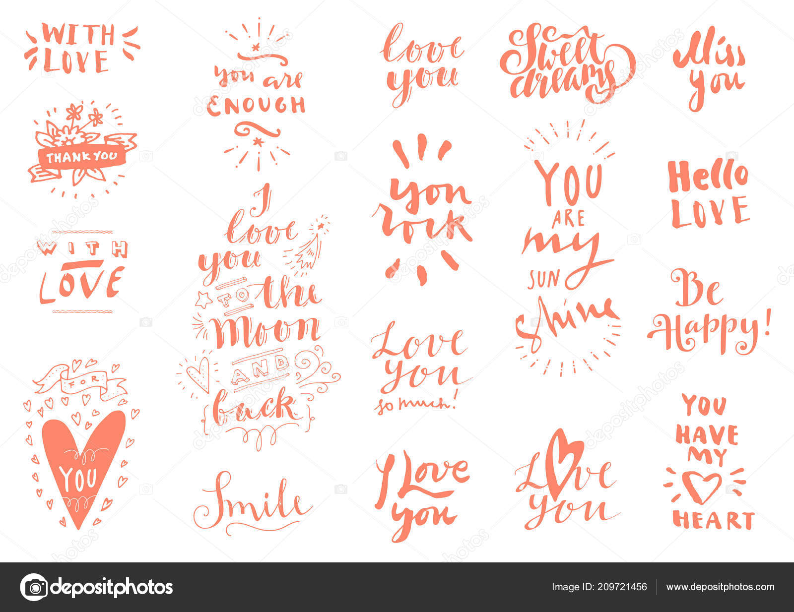 Set Love Vintage Hand Drawn Quotes Black Pink Colors White Stock