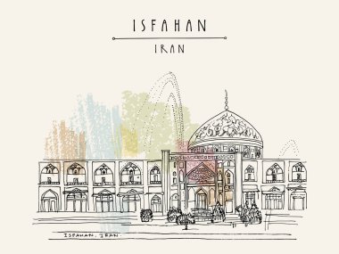 Isfahan, Iran. Şeyh Lütfullah Camii Nakş-ı Cihan Meydanı'nda. 17. yüzyılda Safevi İmparatorluğu döneminde inşa. Turistik. Seyahat el vektör çizilmiş kartpostal