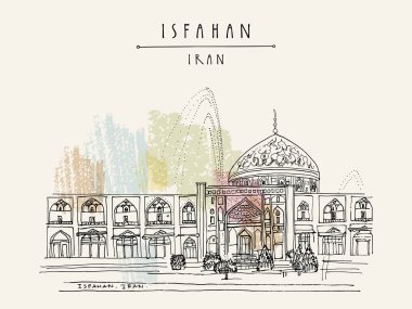 Isfahan, Iran. Sheikh Lotfollah Mosque in Naghsh-i Jahan Square. Built during the Safavid Empire in 17th century. Tourist attraction. Travel hand drawn postcard in vector clipart
