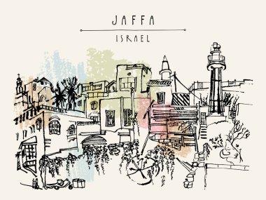 Jaffa (Yafo), Tel Aviv, İsrail sanatsal Illustration. Deniz feneri, evler ve ağaçlar. Siyah mürekkep fırça çizim. Kartpostal veya poster şablonu vektör