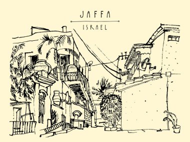 Jaffa (Yafo), Tel Aviv, İsrail evde. Siyah mürekkep fırça anahat fener, evler ve ağaçlar ile çizim. Seyahat kroki. Turistik poster, kartpostal şablonu veya kitap illüstrasyon vektör
