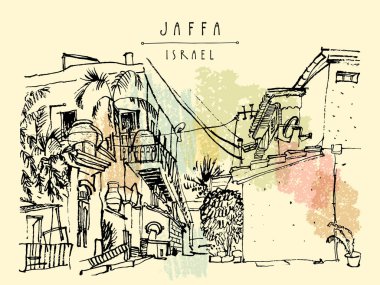Jaffa (Yafo), Tel Aviv, İsrail evde. Siyah mürekkep fırça anahat fener, evler ve ağaçlar ile çizim. Seyahat kroki. Turistik poster, kartpostal şablonu veya kitap illüstrasyon vektör