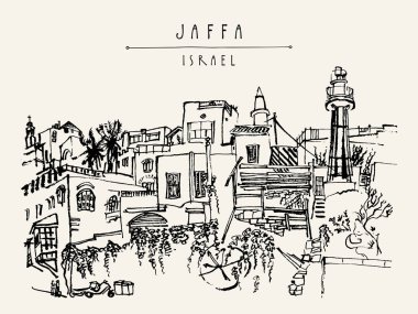 Jaffa (Yafo), Tel Aviv, İsrail sanatsal Illustration. Deniz feneri, evler ve ağaçlar. Siyah mürekkep fırça çizim. Kartpostal veya poster şablonu vektör