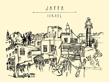 Jaffa (Yafo), Tel Aviv, İsrail sanatsal Illustration. Deniz feneri, evler ve ağaçlar. Siyah mürekkep fırça çizim. Kartpostal veya poster şablonu vektör