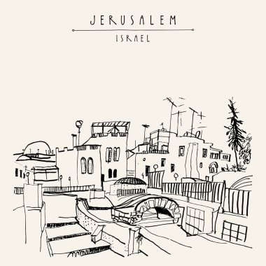 Arapça Pazar, İsrail üzerinde rooftops Kudüs. Yahudi quoter. Seyahat kroki. El turistik kartpostal, poster, takvim ya da kitap illüstrasyon çekilmiş. Jerusalem şehir görünümü kartpostal vektör el yazı ile