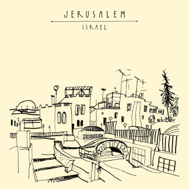 Arapça Pazar, İsrail üzerinde rooftops Kudüs. Yahudi quoter. Seyahat kroki. El turistik kartpostal, poster, takvim ya da kitap illüstrasyon çekilmiş. Jerusalem şehir görünümü kartpostal vektör el yazı ile