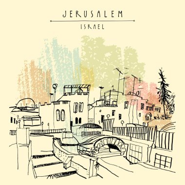 Arapça Pazar, İsrail üzerinde rooftops Kudüs. Yahudi quoter. Seyahat kroki. El turistik kartpostal, poster, takvim ya da kitap illüstrasyon çekilmiş. Jerusalem şehir görünümü kartpostal vektör el yazı ile