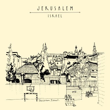 Jerusalem çatıları ve kiliseler. Kudüs, İsrail Yahudi, Müslüman ve Hıristiyan çeyrek görünümünde. Manzarası. Basketbol, futbol bir spor zemin üzerinde halka için ağlar. Seyahat vintage el vektör çizilmiş kartpostal
