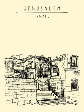 Jerusulaem eski şehir. Yaşlı binalar, merdiven, windows, balkon. Seyahat kroki, vektör çizim